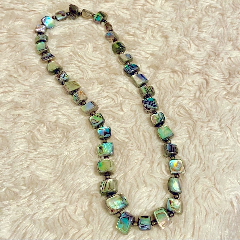 Vintage Natural Hand Carved Abalone and Hematite Necklace Vtg